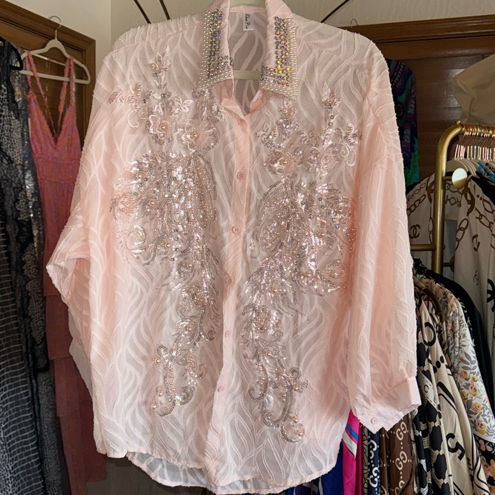 Baby Pink Cotton Soft Button Down Hi Lo Crystal Sequin Adorned Blouse